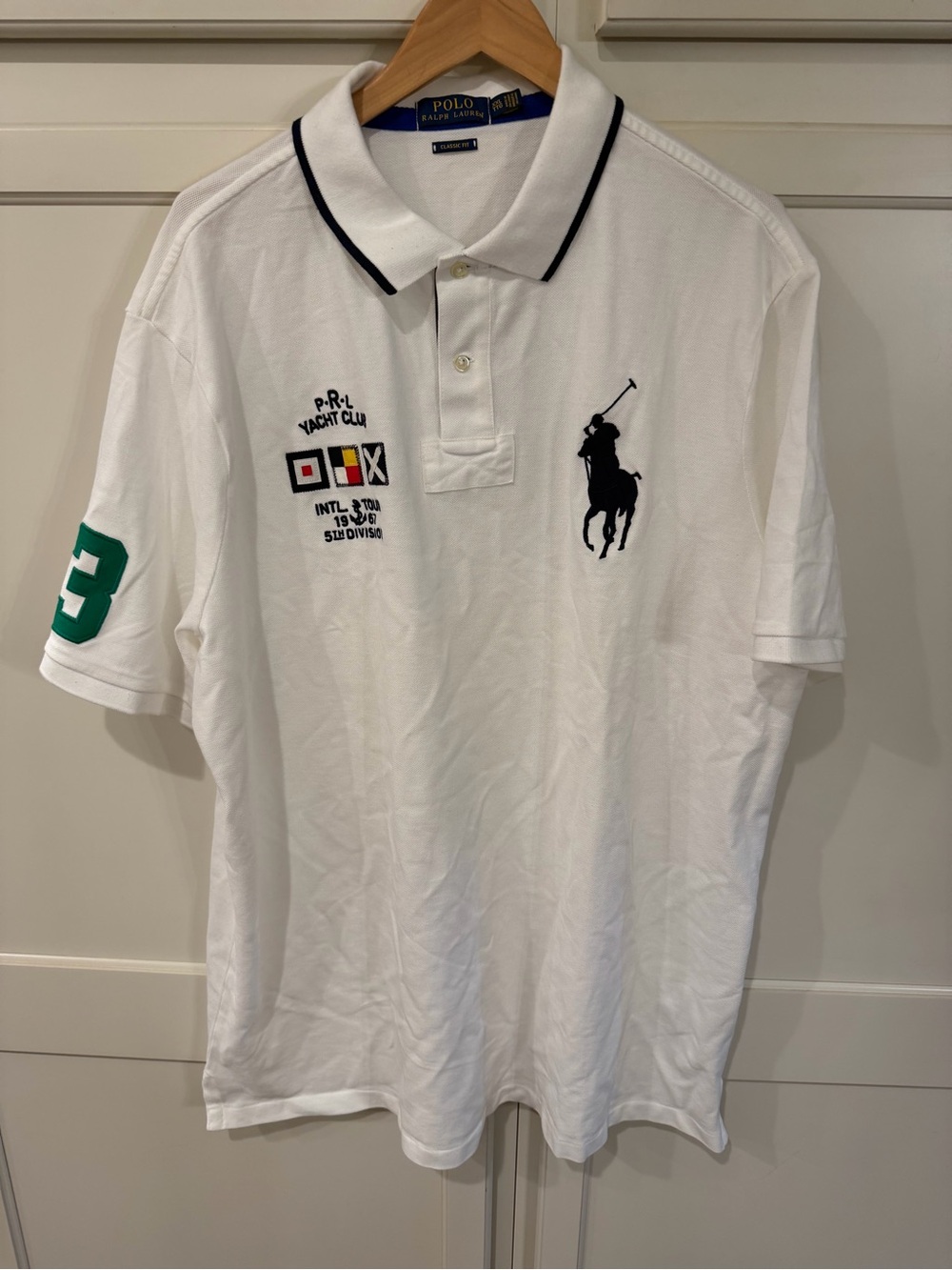 Polo by Ralph Lauren White Polo with Navy Trim and Green Sleeve Number